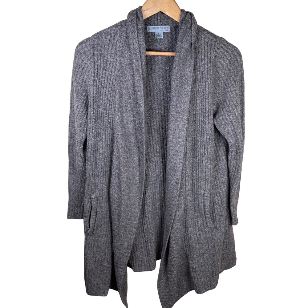 Barefoot Dreams Cozy Chic Lite Cardigan Women Med Grey Ribbed Open Front Pockets